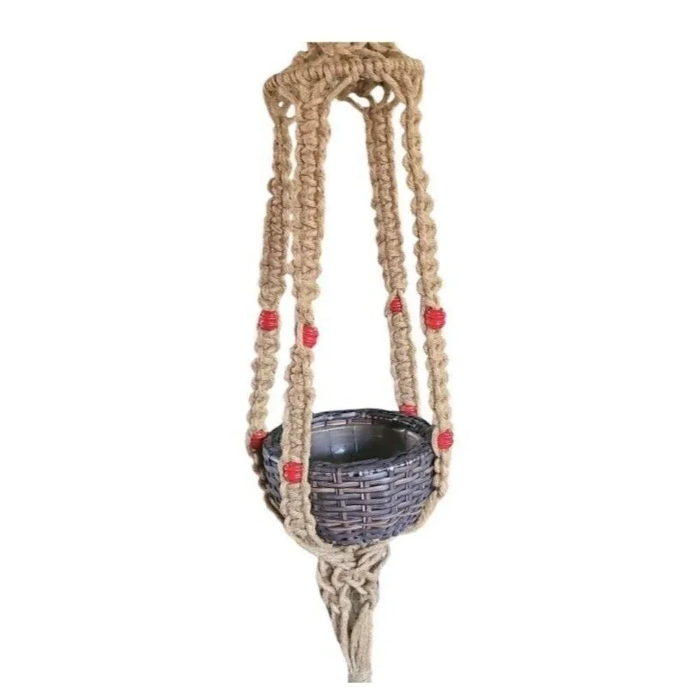 70s Macrame Thick Jute Plant Hanger 72” Long Natural Brown Boho Chunky Red Beads